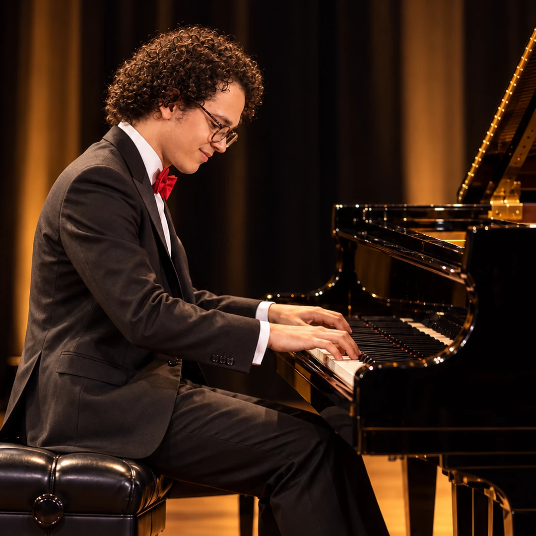 Lou Hägi performing at a glossy black grand piano in concert attire with a red bow tie
