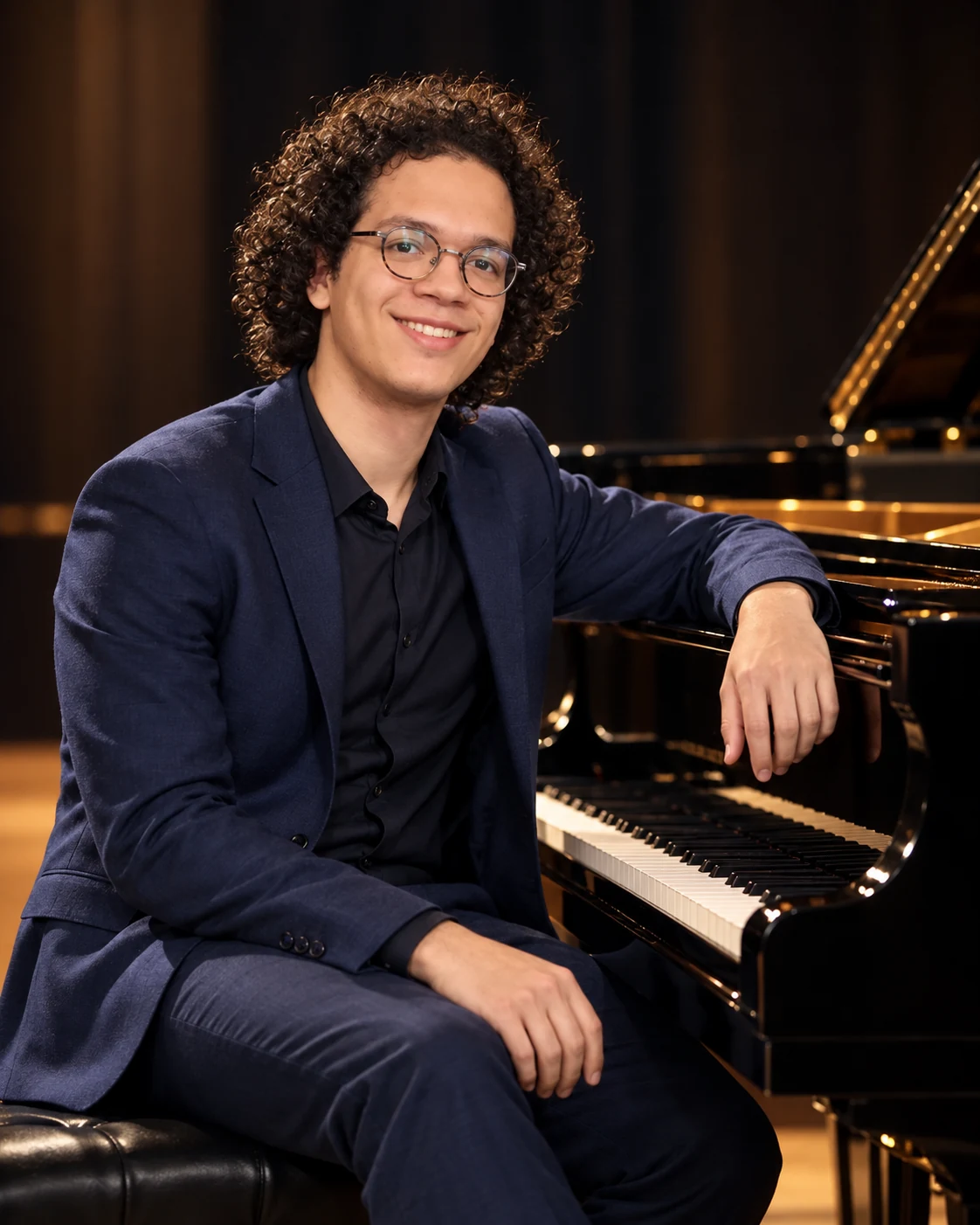 Portrait of Lou Hägi in a blue suit seated at a concert grand piano
